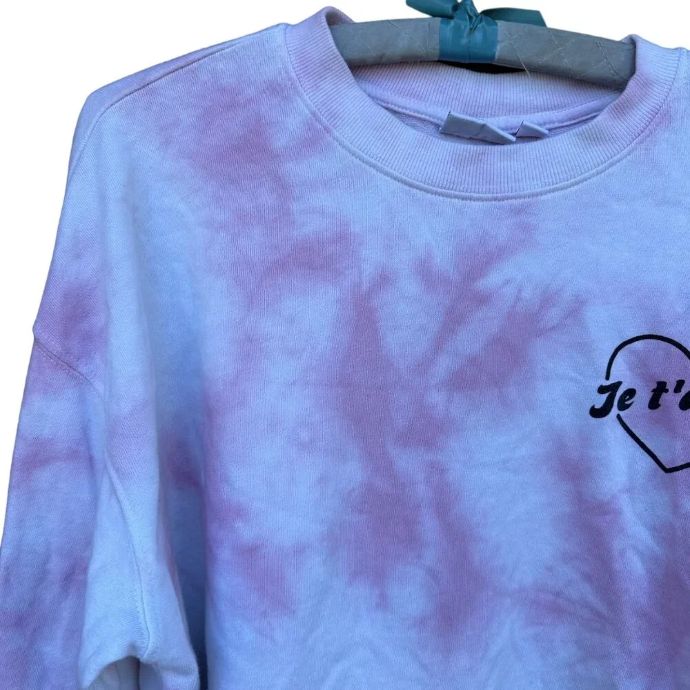 Mighty Fine “Je T’aime” Pink Tie Dye Oversized Crop Sweatshirt Size XS - Picture 2 of 12